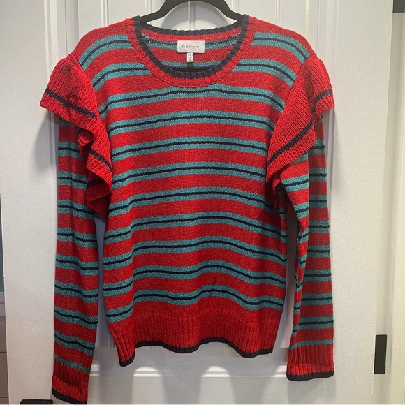 Anthropologie Harlyn Red Blue Striped 
Ruffle Shoulder Sweater. Size Medium. - Picture 3 of 14